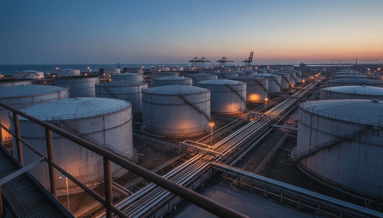 Rows of massive cylindrical oil storage tanks at an industrial maritime terminal facility during dusk with industrial lighting