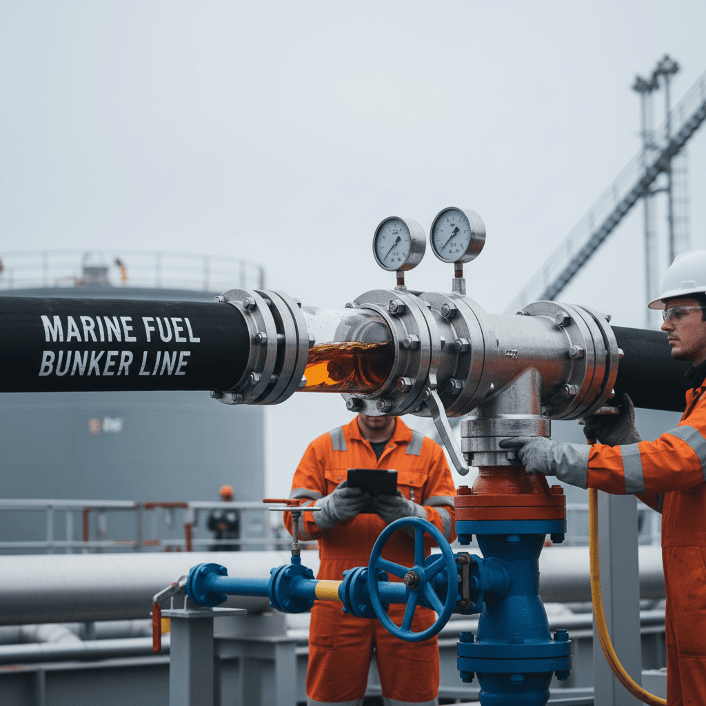 Technicians in safety gear monitoring petroleum transfer operation between vessel and shore facilities with visible gauges and coupling systems